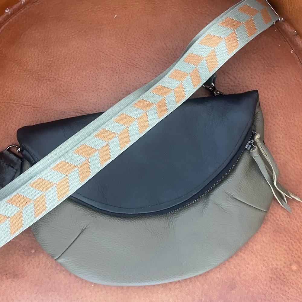Two-Tone Crossbody Bag with Patterned Strap